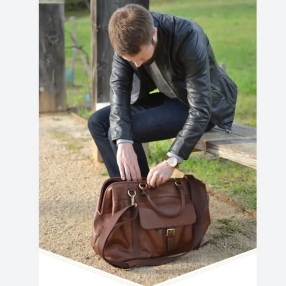 Fossil Mens Estate Brown/cognac Leather Weekender Travel Framed Duffle Bag - Picture 2 of 10